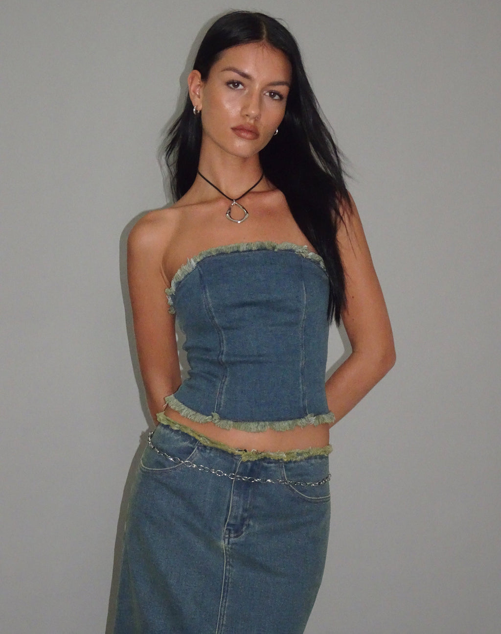 Omas Denim Bandeau Top en marrón azul lavado ácido