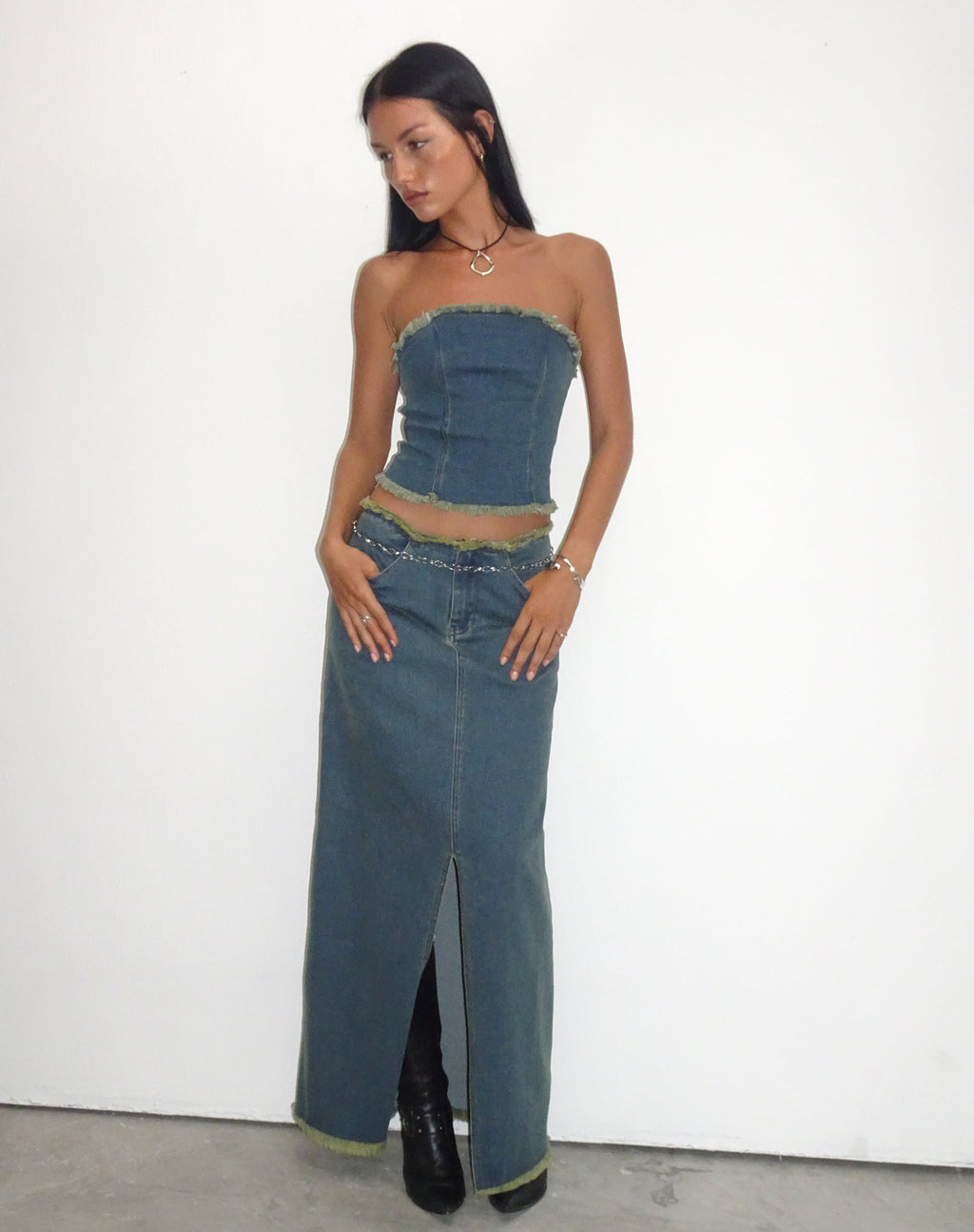 Omas Denim Bandeau Top en marrón azul lavado ácido