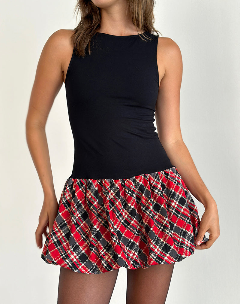 Minivestido Ortega en negro con cuadros diagonales rojos