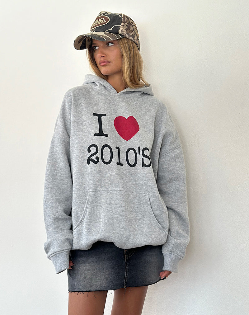 Sudadera oversize con capucha en marga gris y estampado I Love 2010's