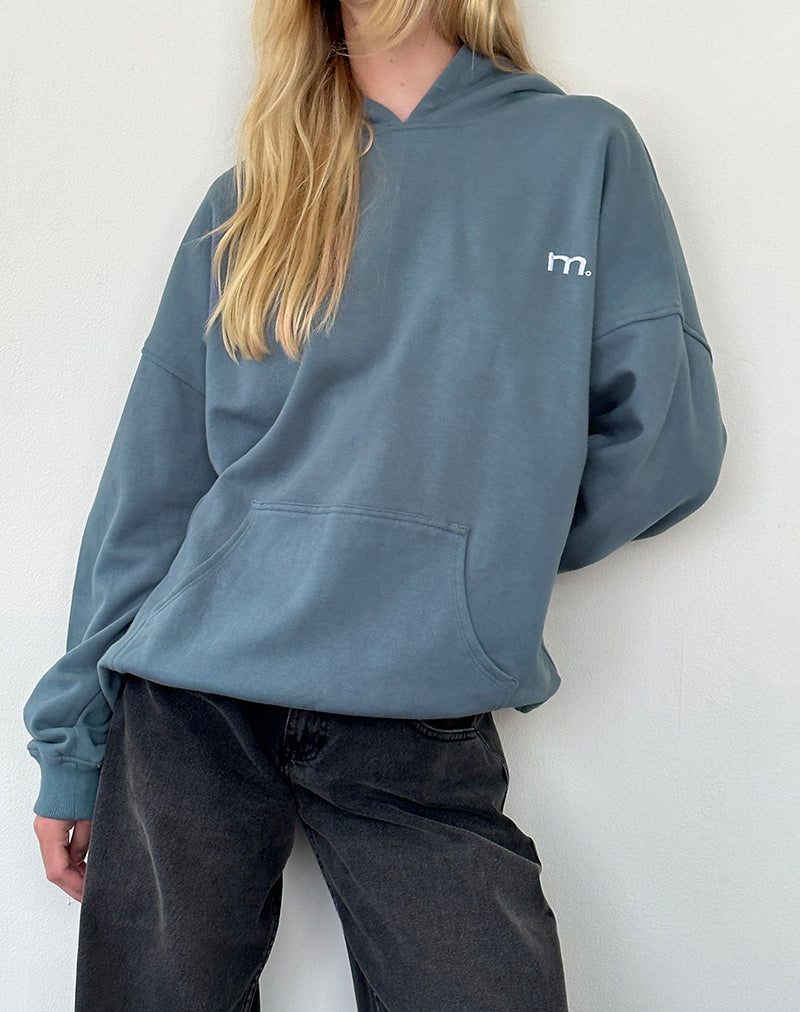 Sudadera oversize con capucha en azul espejismo y bordado "MOTEL" en blanco