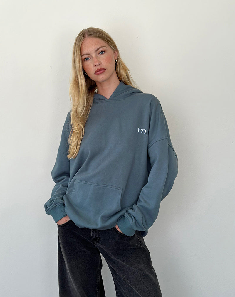 Imagen de sudadera con capucha oversize en azul Mirage con bordado blanco "MOTEL
