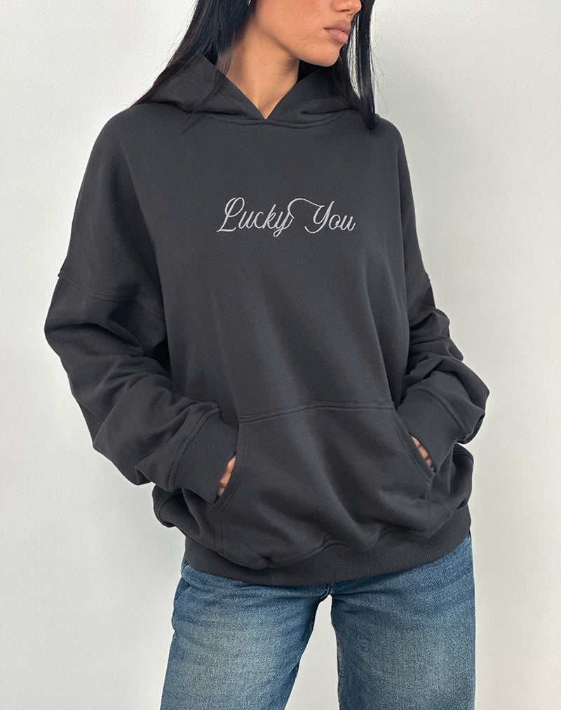 Sudadera oversize con capucha en Ocean Storm con gráfico Lucky You