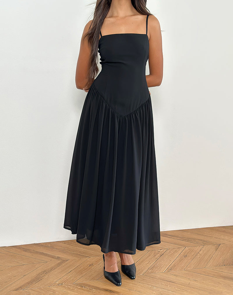 Imagen de Paduri Vestido midi con cintura caída de gasa Negro