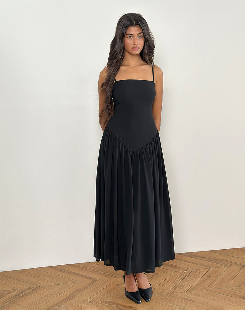 Imagen de Paduri Vestido midi con cintura caída de gasa Negro