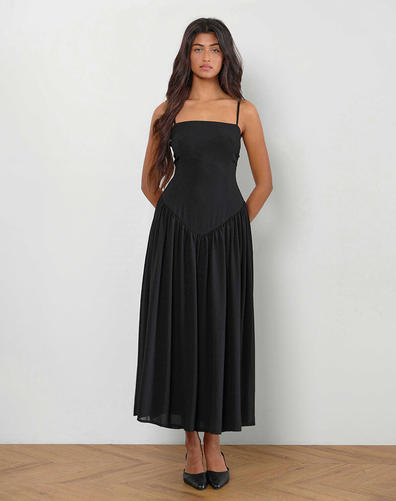 Paduri Vestido midi con cintura caída de gasa Negro