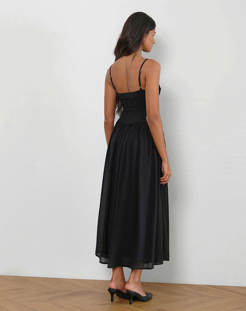 Imagen de Paduri Vestido midi con cintura caída de gasa Negro