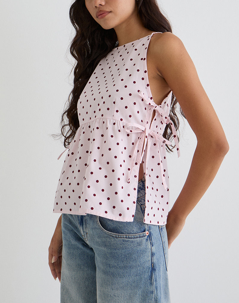 Top Palsi Tie Side Rosa con Lunares Medianos Rojo