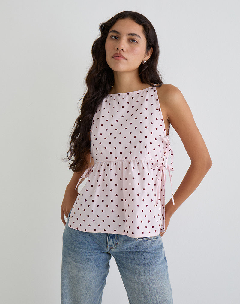 Top Palsi Tie Side Rosa con Lunares Medianos Rojo