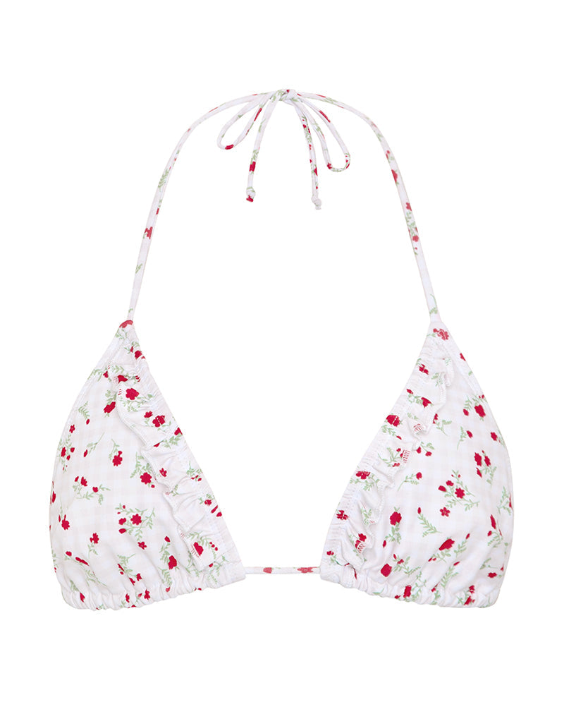 Imagen del sujetador de bikini Pami de guinga roja floral beige con volante