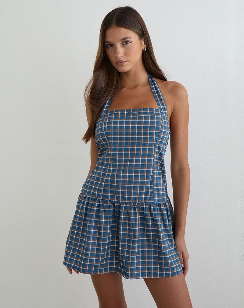 Imagen del vestido mini con cuello halter Panja en azul tartán medio.