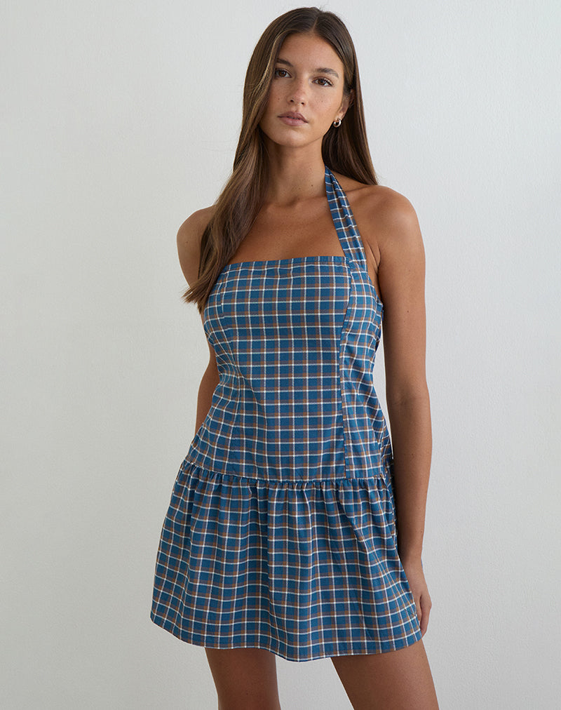 Imagen del vestido mini con cuello halter Panja en azul tartán medio.