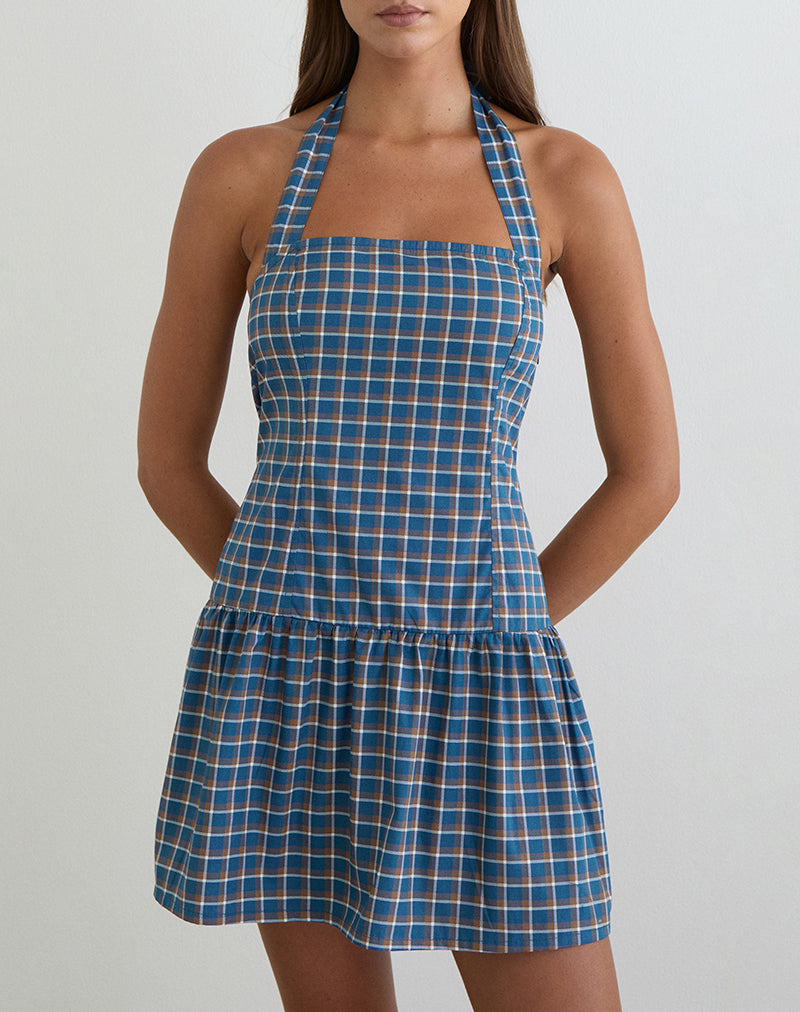 Imagen del vestido mini con cuello halter Panja en azul tartán medio.