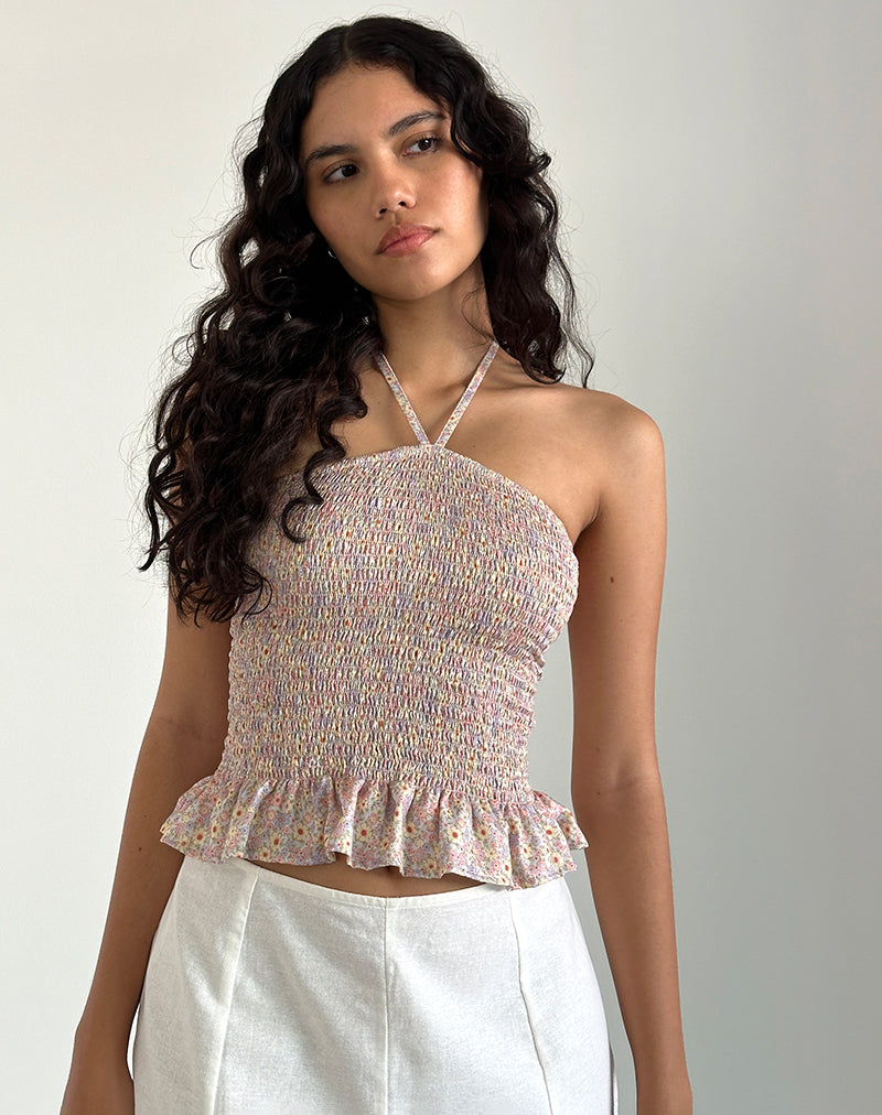Imagen de Phobe Shirred Halterneck Top in 70s Prairie Girl Floral