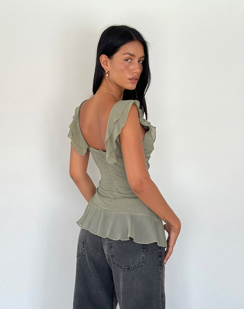 Imagen de Piro Ruffle Longline Top in Chiffon Oliva