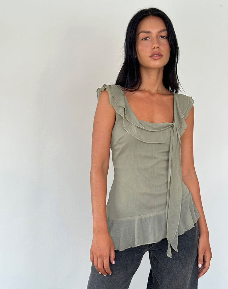 Imagen de Piro Ruffle Longline Top in Chiffon Oliva