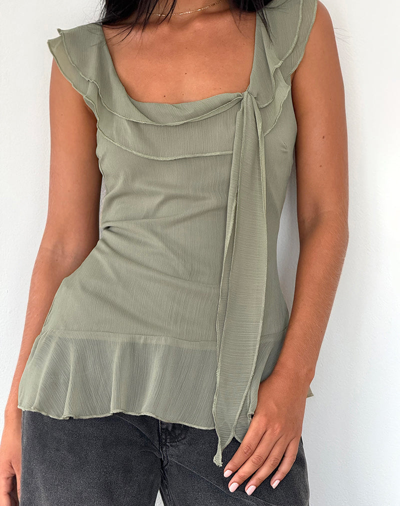 Imagen de Piro Ruffle Longline Top in Chiffon Oliva
