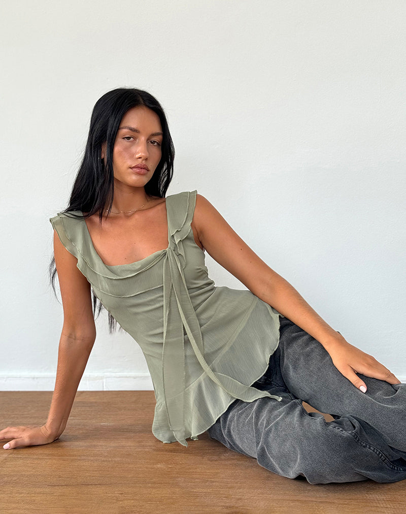 Imagen de Piro Ruffle Longline Top in Chiffon Oliva