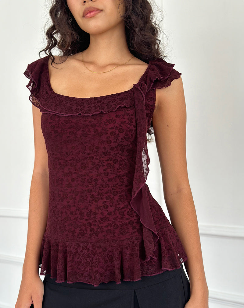 Top Piroli en Ditsy Floral Flock Granate Quemado