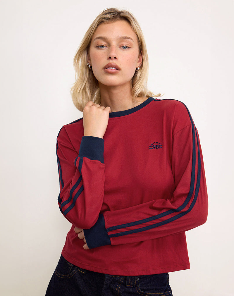 Camiseta de manga larga Prata en rojo adrenalina con ribete azul marino