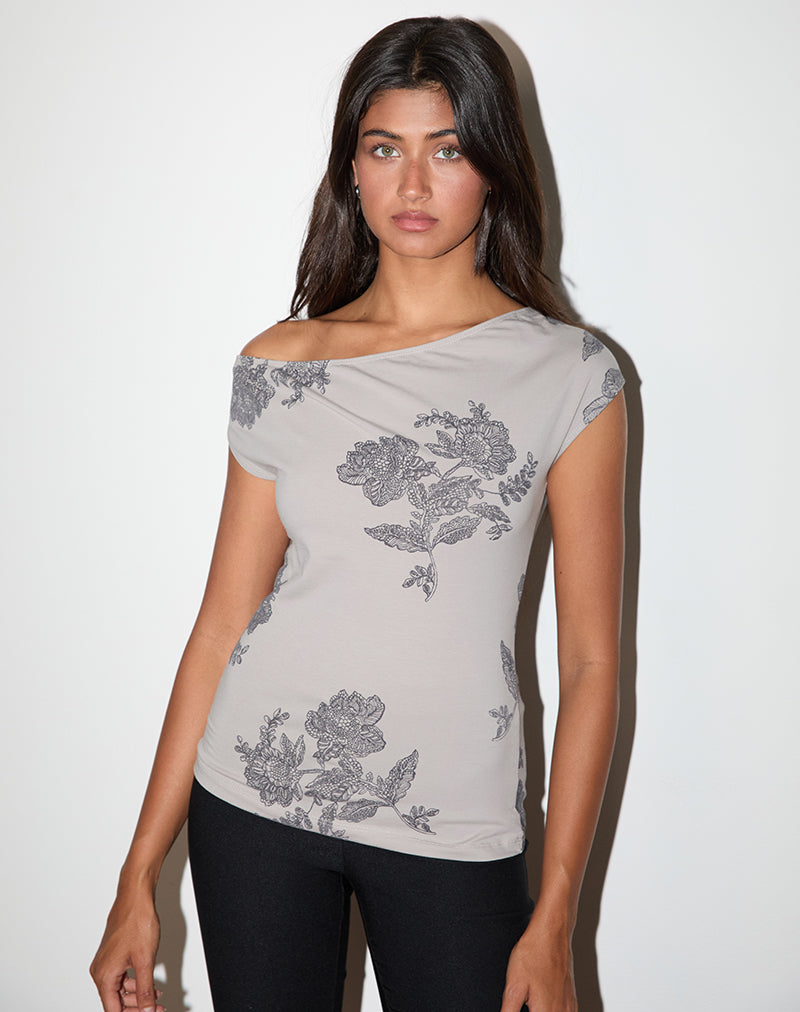 Pyso Top asimétrico en encaje flor gris