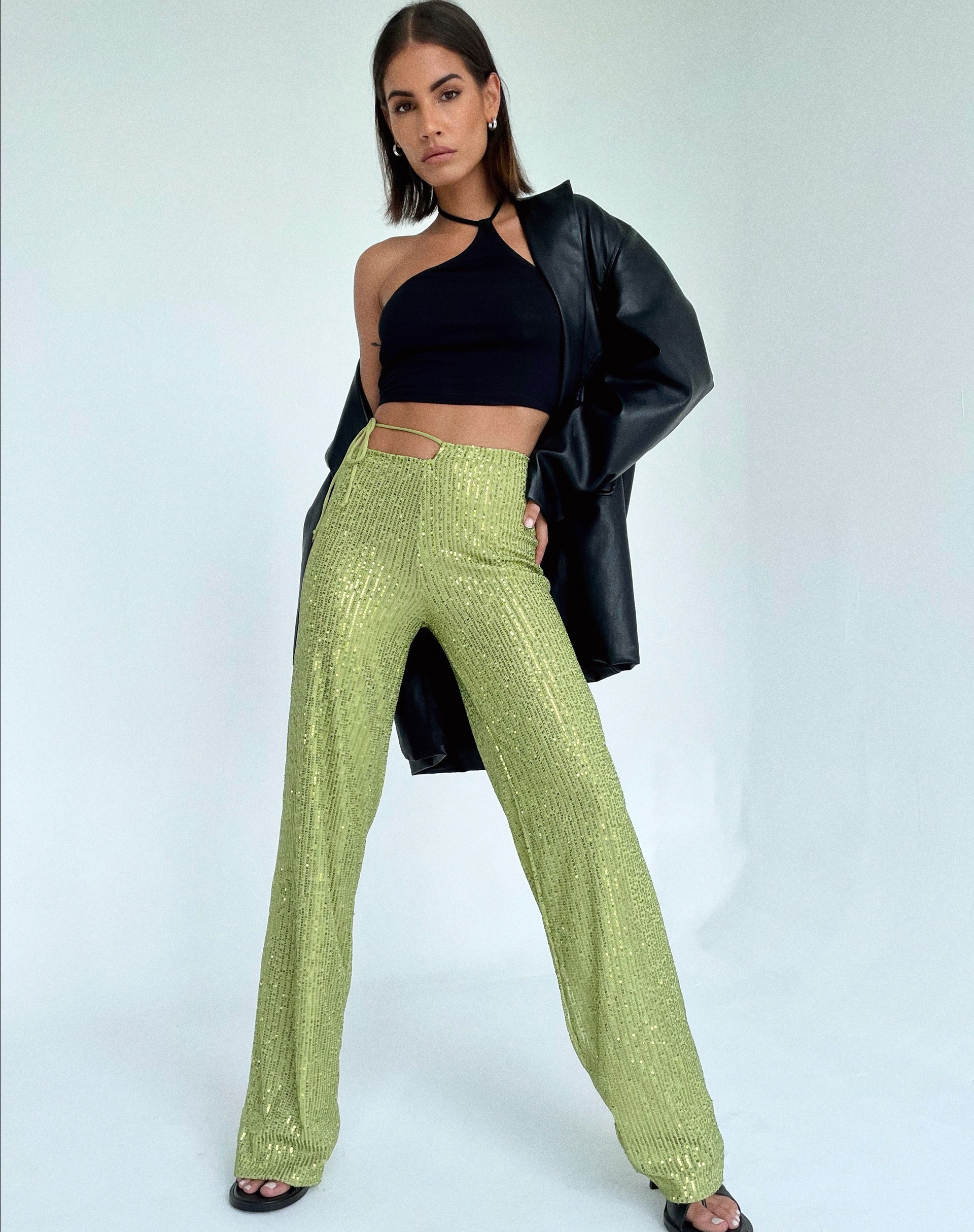 Imagen del pantalón Sanju de lentejuelas drapeadas verde lima