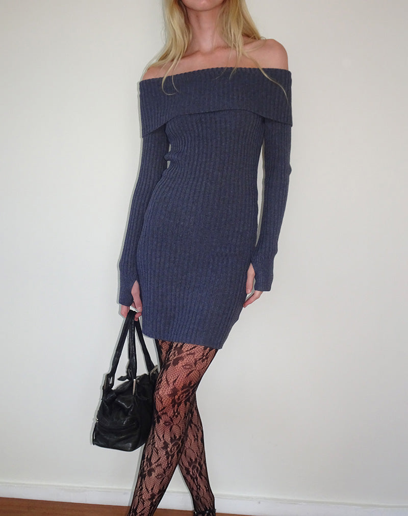 Imagen de Queeva Minivestido Bardot de punto en gris oscuro