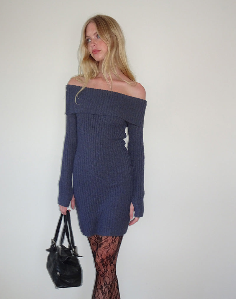 Mini Vestido Bardot de Punto Queeva en Carbón Oscuro