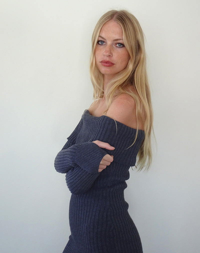 Imagen de Queeva Minivestido Bardot de punto en gris oscuro