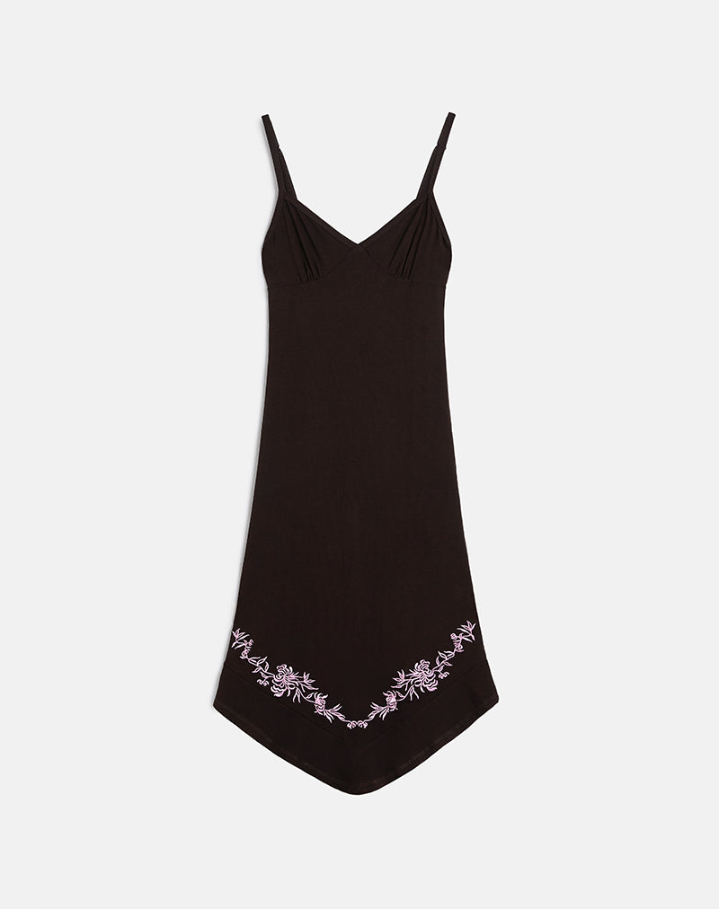 Vestido Quelin Midi en marrón chocolate con bordado de rosas