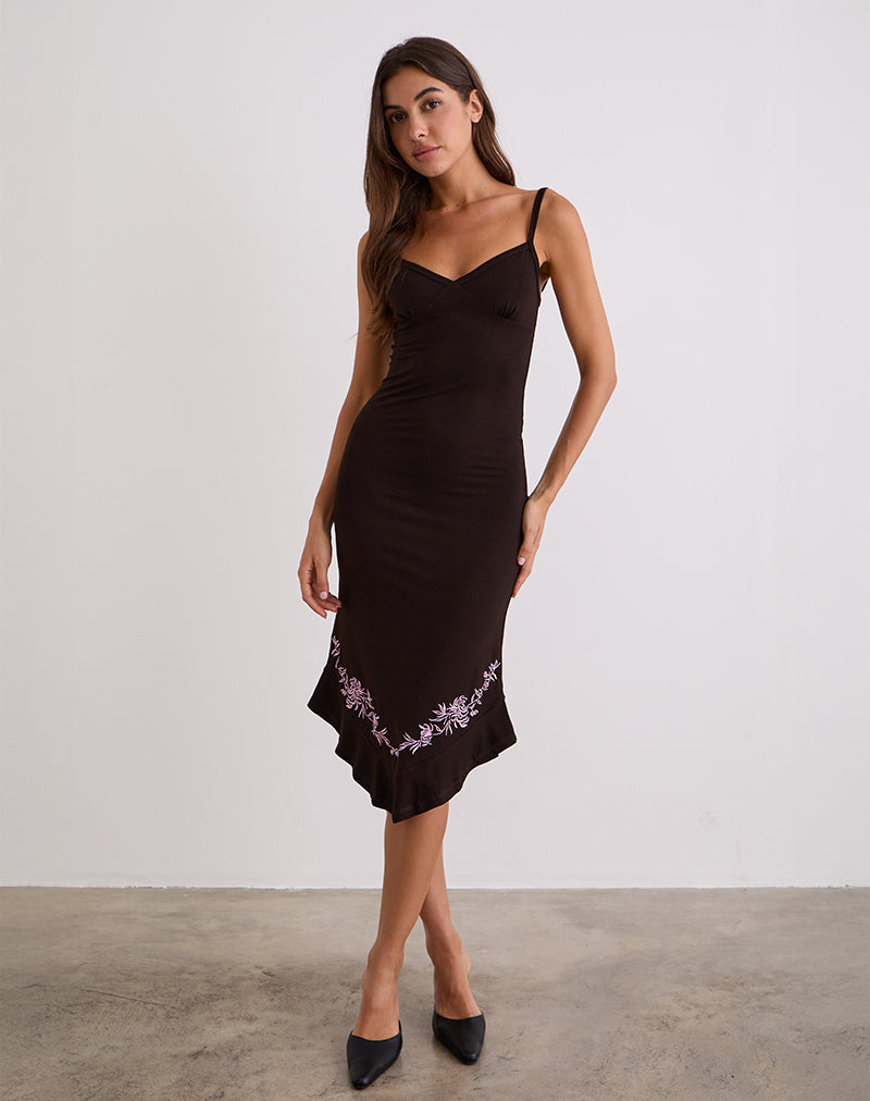 Imagen de Quelin Vestido Midi Marrón Chocolate con Bordado de Rosas