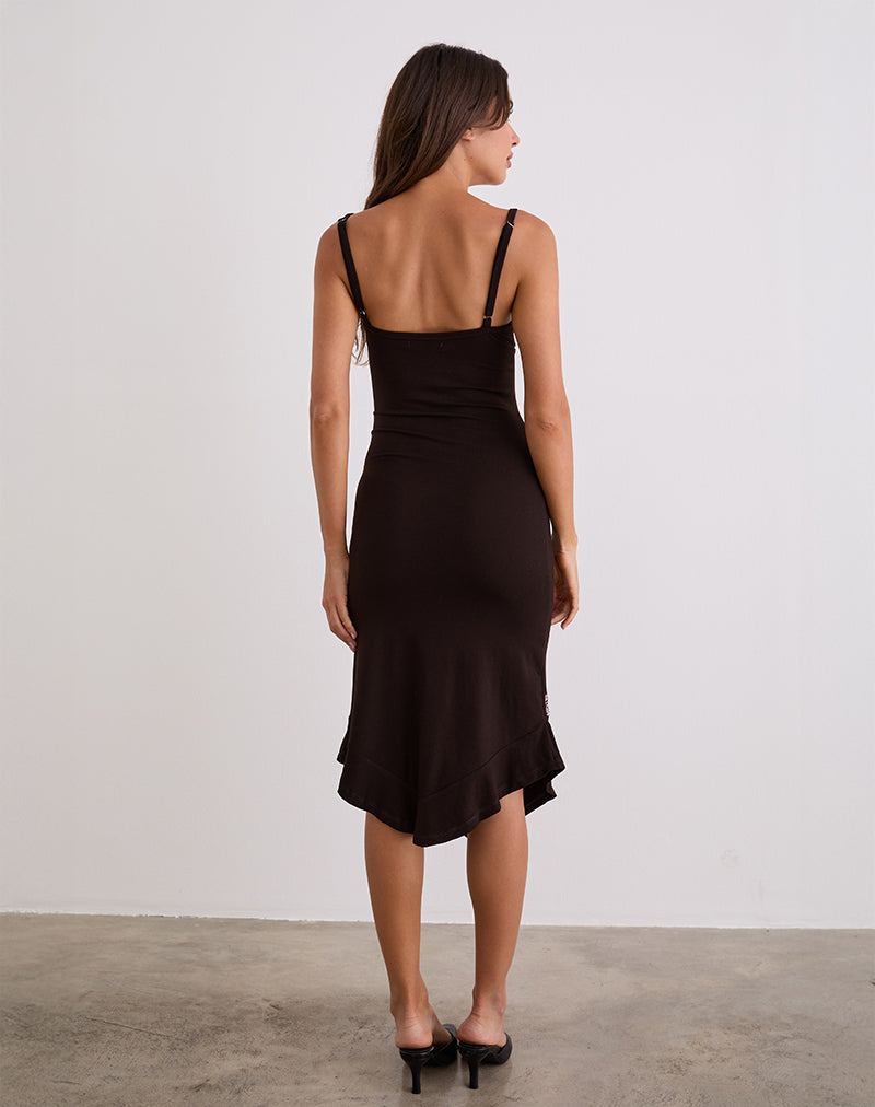 Imagen de Quelin Vestido Midi Marrón Chocolate con Bordado de Rosas