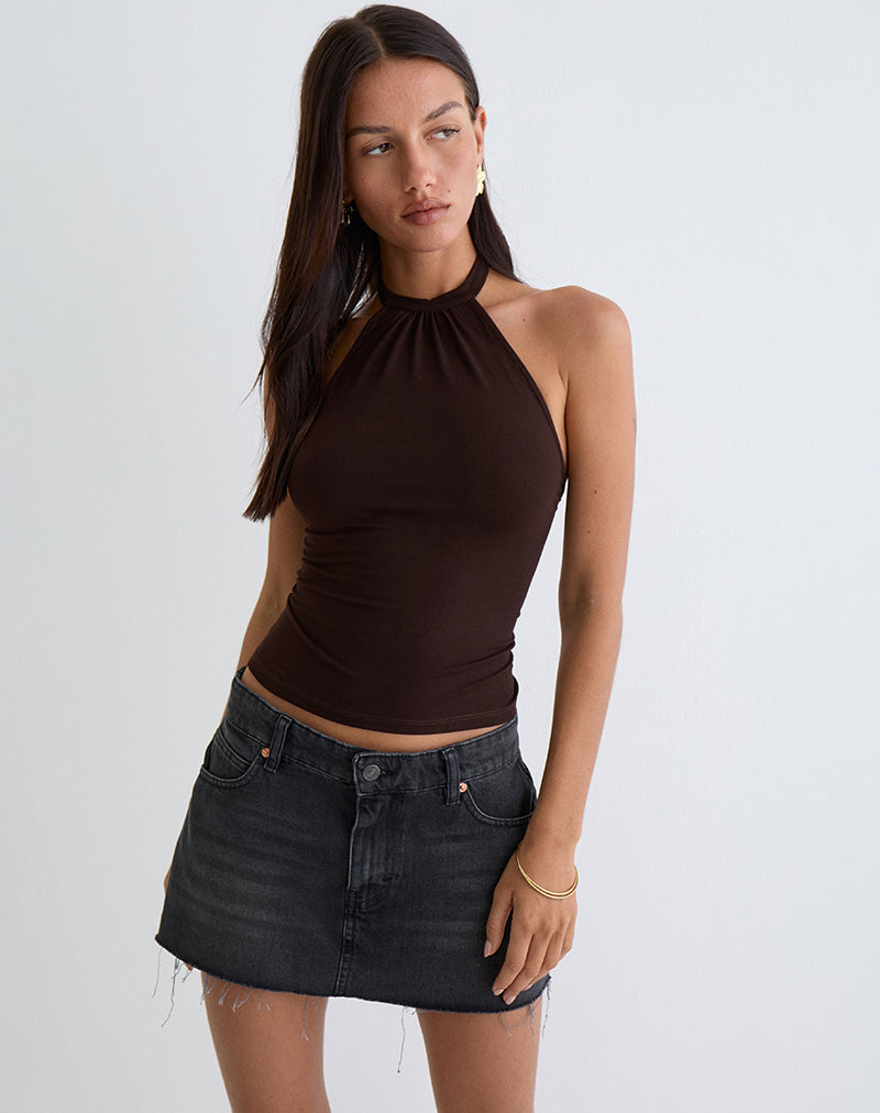 Top Raceline Cuello Haltern en Jersey Rayón Marrón Chocolate