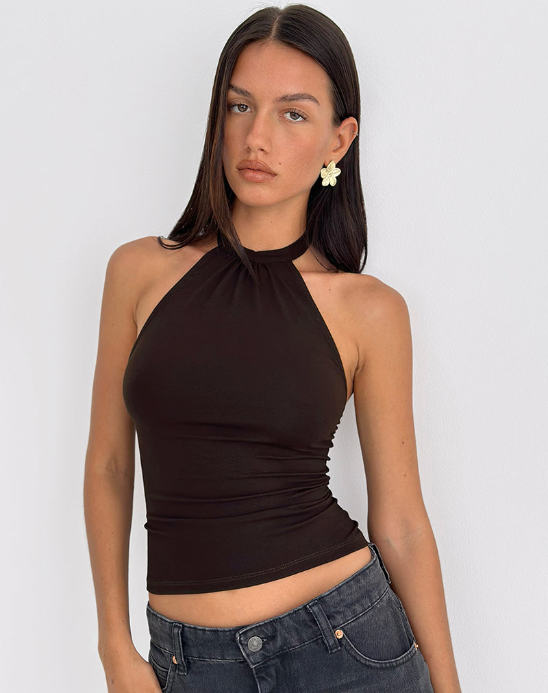 Top Raceline Cuello Haltern en Jersey Rayón Marrón Chocolate