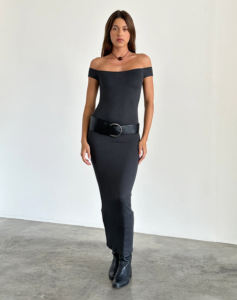 Imagen de Racha Thick Rib Bardot Maxi Dress in Black Forest