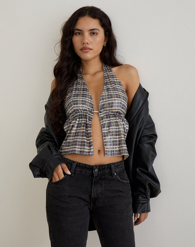 Imagen de Ramilo Top en Lentejuelas Vintage Check Marrón