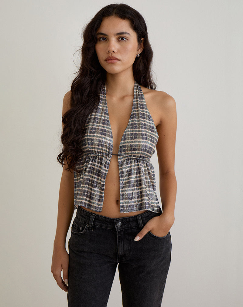 Imagen de Ramilo Top en Lentejuelas Vintage Check Marrón