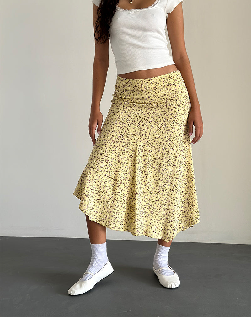 Rans Falda Midi con Dobladillo en Cascada en Flor Amarillo