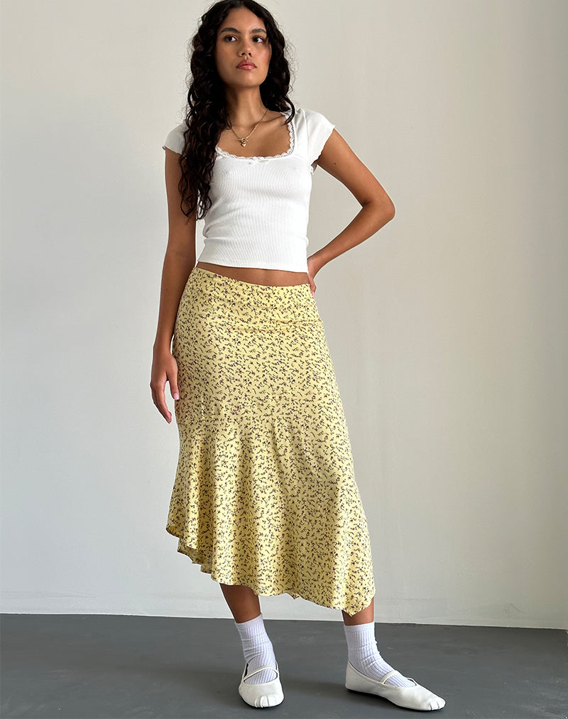Rans Falda Midi con Dobladillo en Cascada en Flor Amarillo