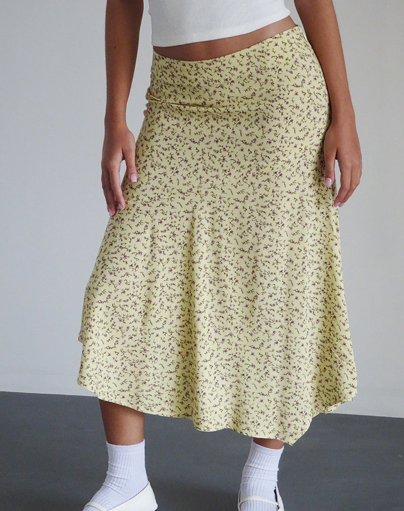Imagen de Rans Falda Midi con Dobladillo en Cascada en Flor Amarillo Fluido