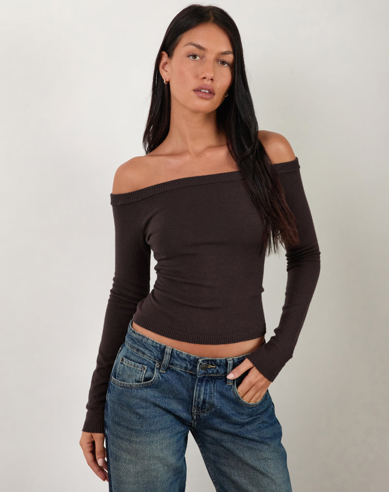 Top Renie Bardot de punto marrón oscuro