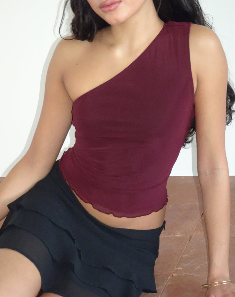 Rhian Top de un hombro en malla Granate