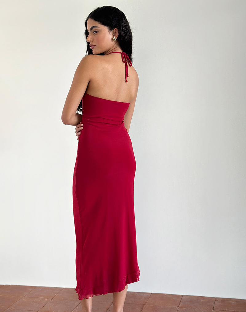 Imagen de Ribka Vestido Midi Cuello Haltern en Malla Cereza