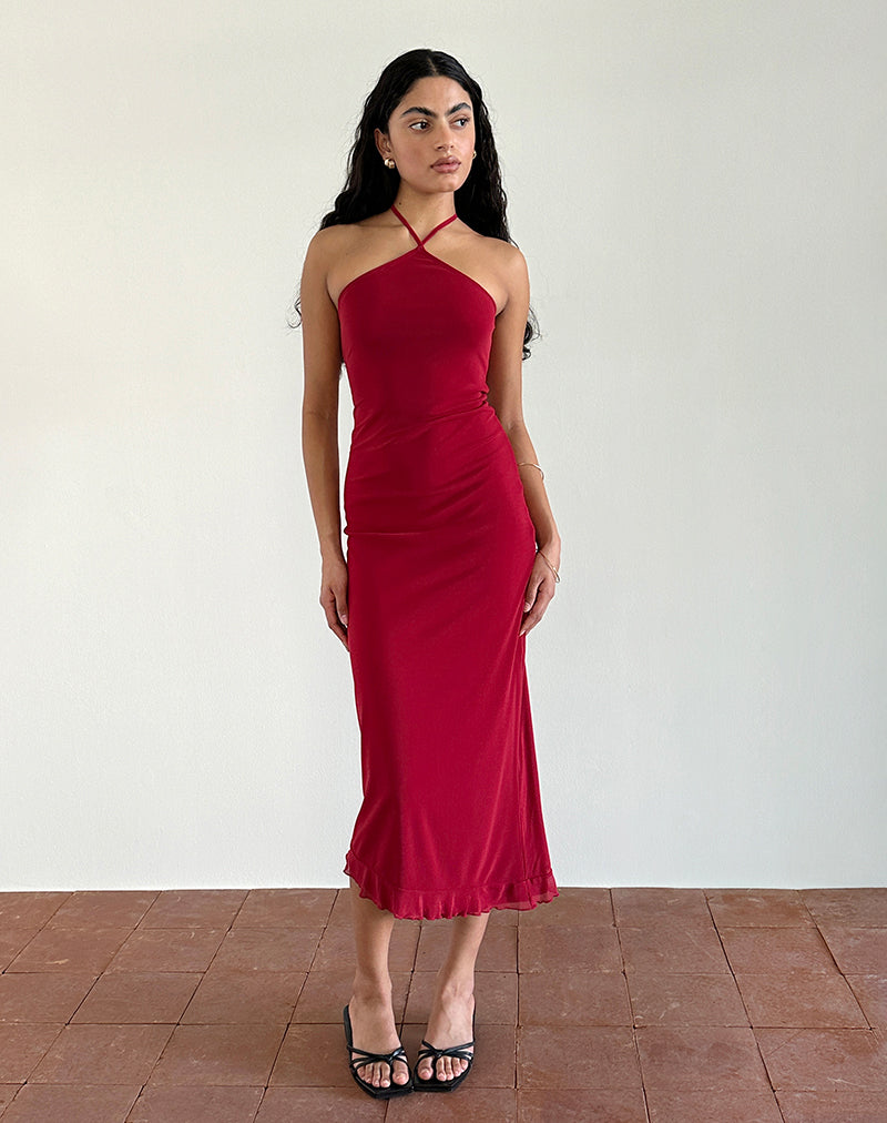 Imagen de Ribka Vestido Midi Cuello Haltern en Malla Cereza
