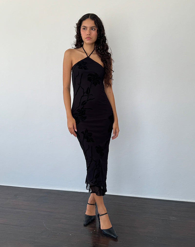 Imagen de Ribka Vestido Midi Cuello Haltern en Orchids Flock Negro