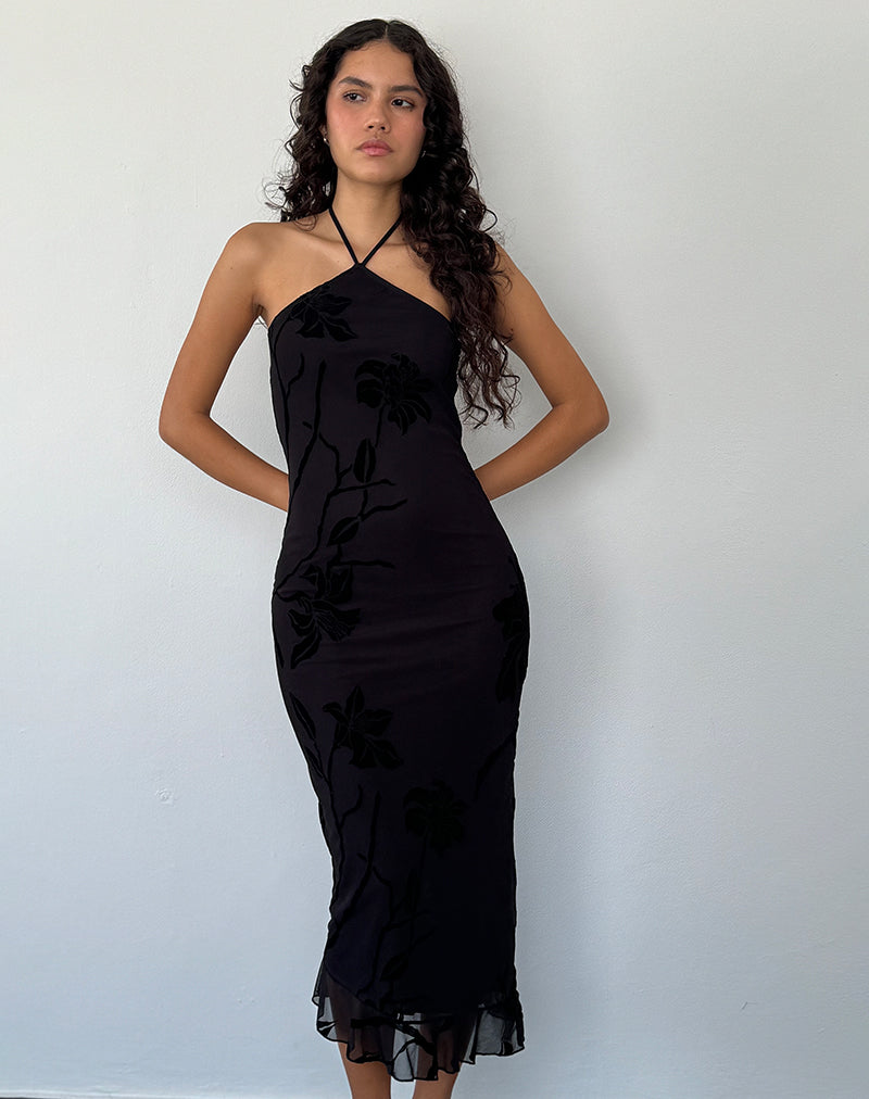Imagen de Ribka Vestido Midi Cuello Haltern en Orchids Flock Negro