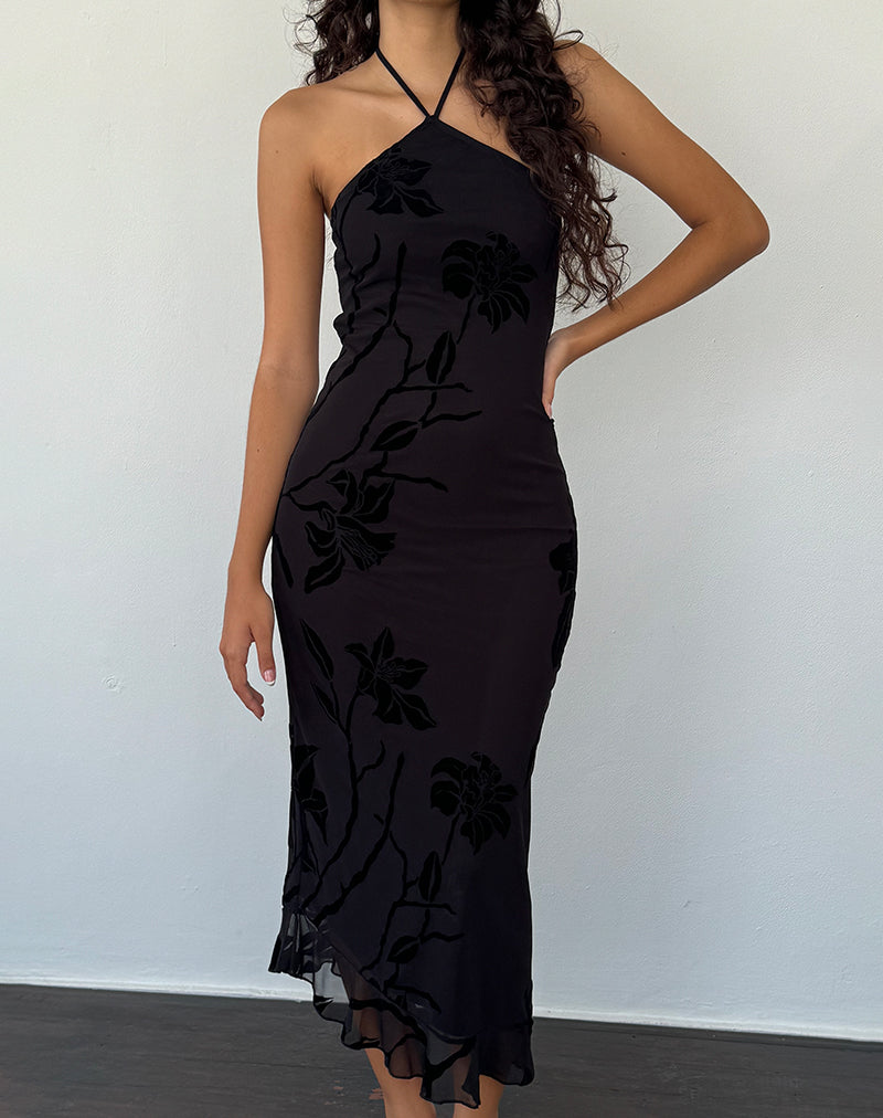 Ribka Vestido Midi Cuello Haltern en Orchids Flock Negro