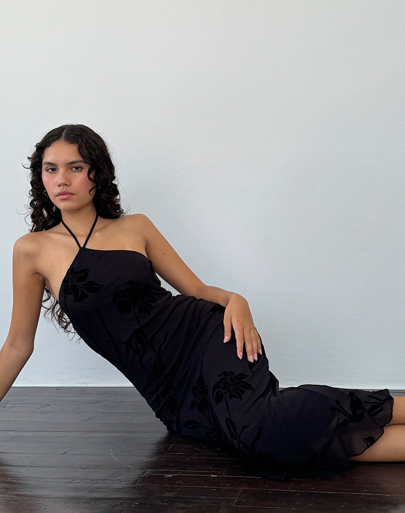 Ribka Vestido Midi Cuello Haltern en Orchids Flock Negro