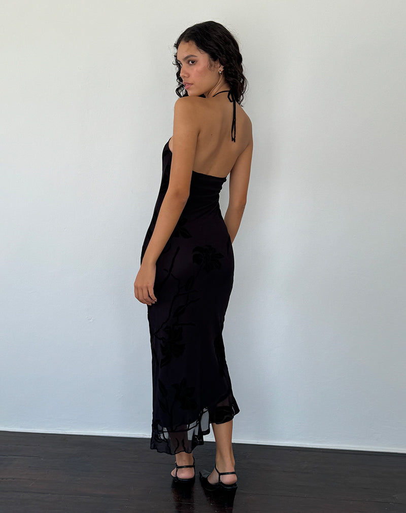 Imagen de Ribka Vestido Midi Cuello Haltern en Orchids Flock Negro