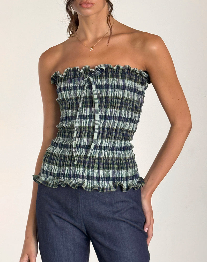 Top Rigia Bandeau en Lino Mono Check Verde